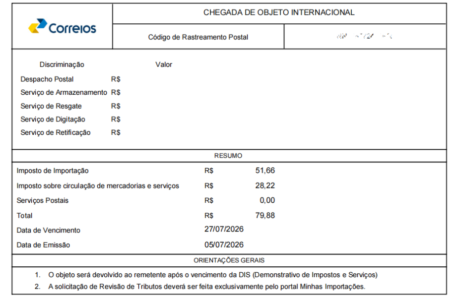 Demonstrativo de Impostos e Serviços (DIS) dos Correios