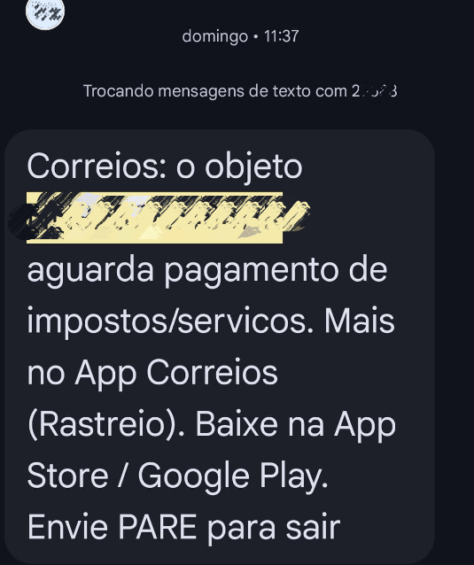 SMS oficial dos Correios informando pendência de pagamento