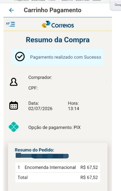 Pagamento realizado com sucesso no aplicativo dos Correios